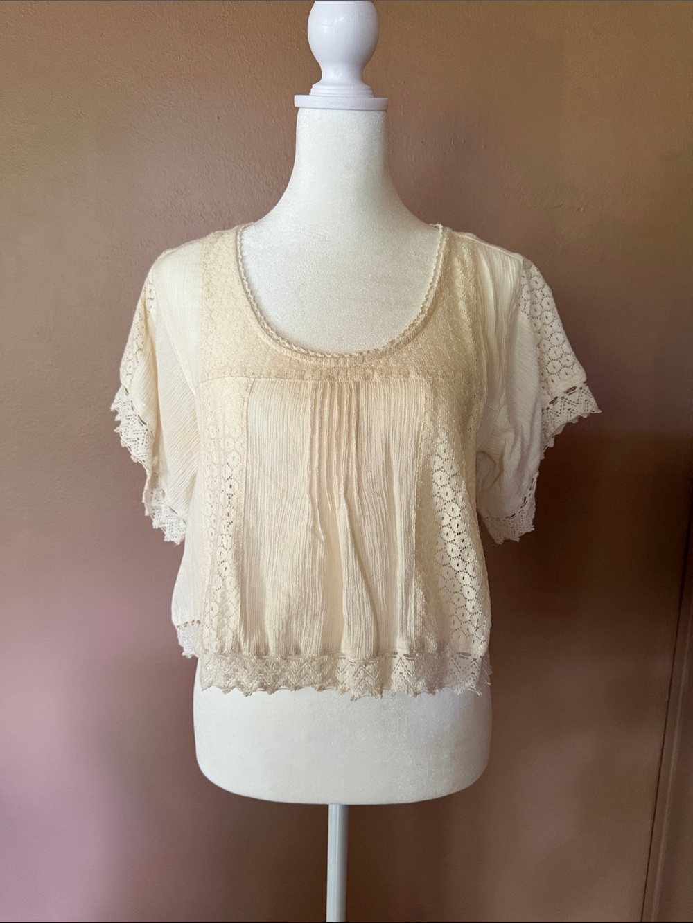 Roxy Cream Lace Trim Short Sleeve Blouse